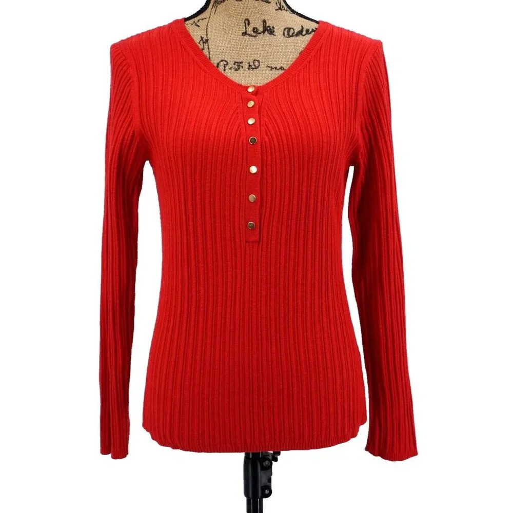 Chico's Henley Top Women 1‎ Medium M Knit Orange Red Ribbed Gold Snap Buttons